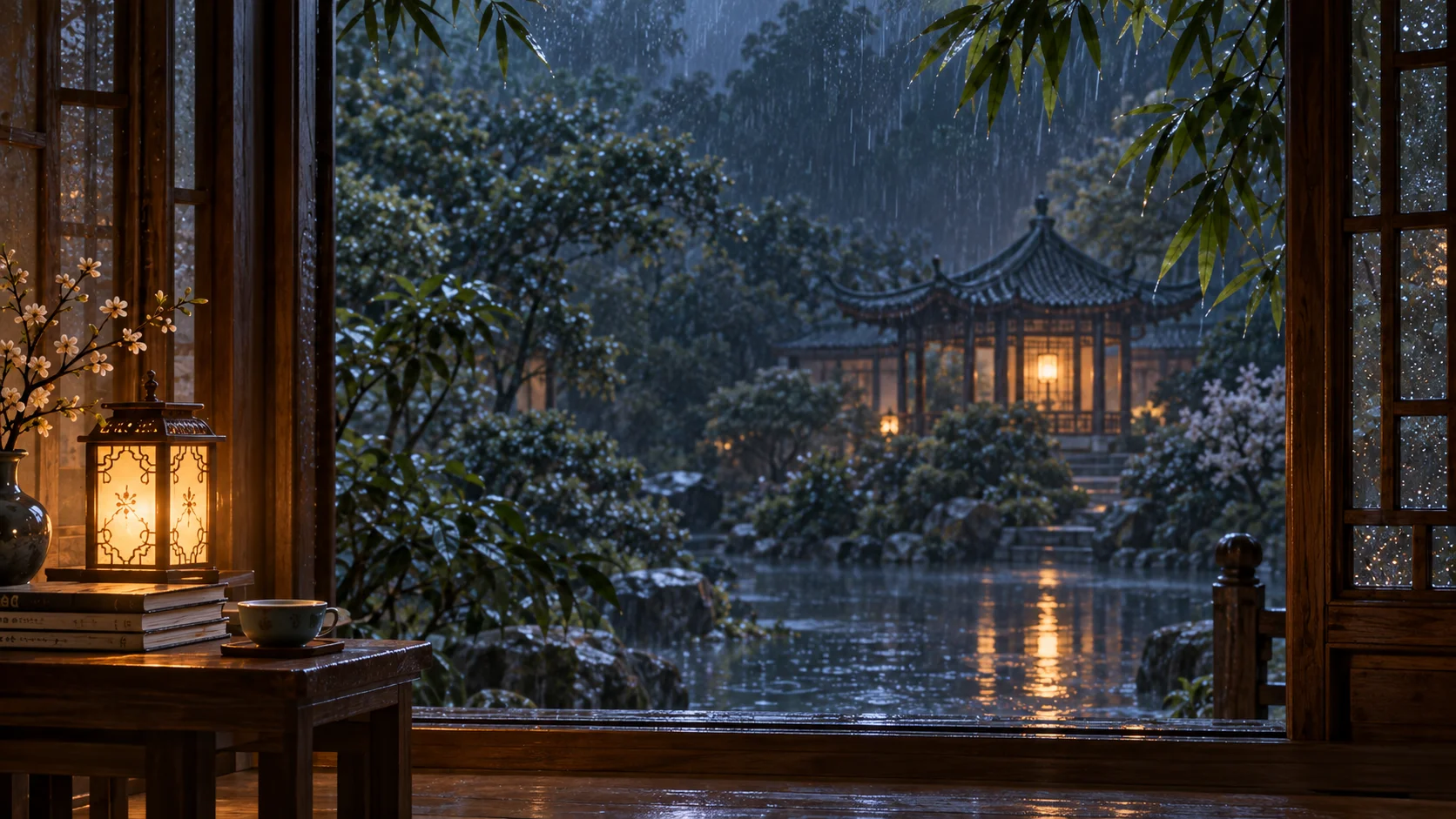 雨夜窗前庭院